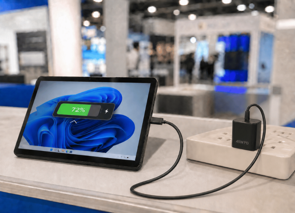 45W PD fast charging on a trade show lead capture tablet between booth shifts