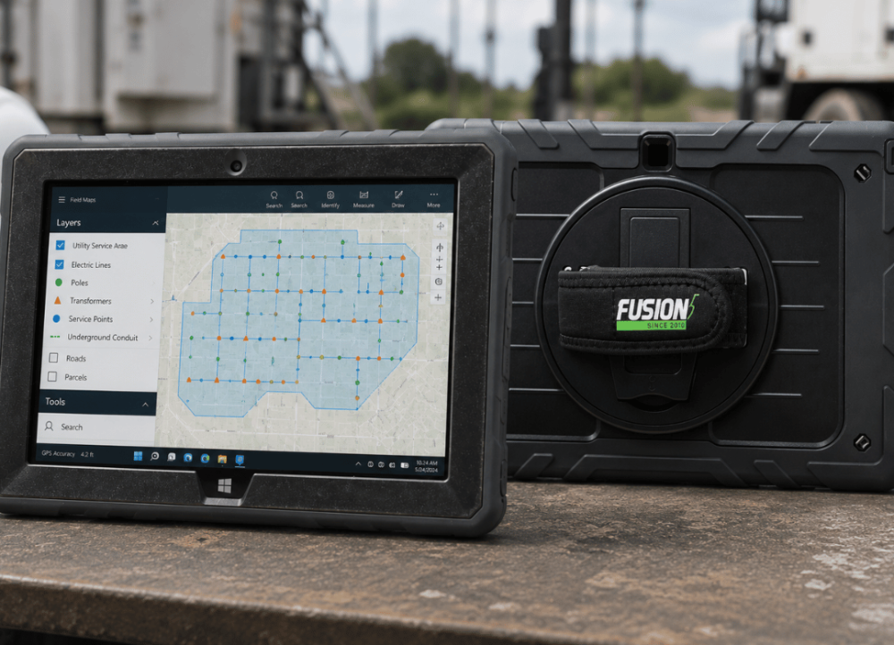 Front and back view of the Fusion5 rugged Windows tablet showcasing its durable casing, GIS display, and secure hand strap for field use.
