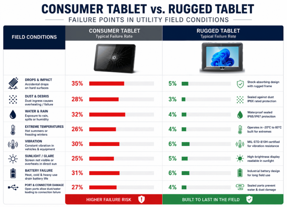 Comparison chart showing consumer vs. rugged tablet failure rates across drops, dust, water, heat, vibration, sunlight, battery, and ports.