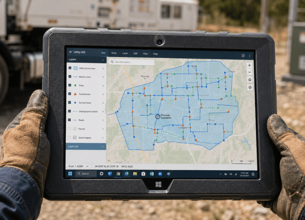 Rugged Windows tablet displaying a GIS utility network map for smart meter installations, enabling field technicians to manage assets accurately.