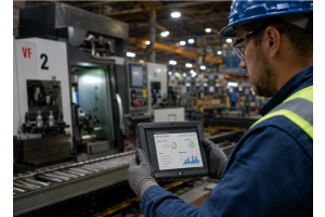 Paperless manufacturing tablet used on a production line to track machine performance and reduce manual data errors