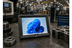 Fusion5 rugged Windows tablet on a factory workbench in an industrial manufacturing facility, designed for field work, warehouse operations, and industrial professionals.
