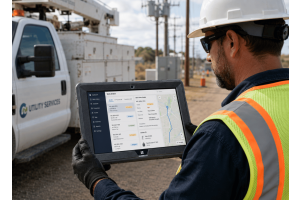 Utility field technician using a rugged Windows tablet to manage work orders beside a service truck, demonstrating reliable field operations and GIS mapping.
