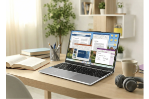 A modern Windows 11 laptop displayed on a student’s study desk with multiple productivity apps open on the screen, surrounded by books, stationery, headphones, and a coffee mug, illustrating an affordable laptop ideal for studying, note-taking.