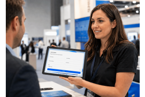Fusion5 tablet for trade show lead capture helps staff collect visitor details on a Windows device at an exhibition booth.