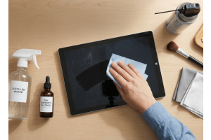 Hand cleaning a tablet screen with a microfiber cloth using isopropyl alcohol and distilled water for safe, streak-free tablet maintenance.