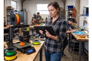 Maker using a rugged Windows tablet with a 3D printer in a workshop for 3D printing, slicing and printer monitoring