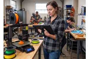 Maker using a rugged Windows tablet with a 3D printer in a workshop for 3D printing, slicing and printer monitoring