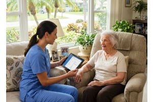 Home healthcare nurse using a Windows tablet to update patient records while providing care to an elderly patient at home