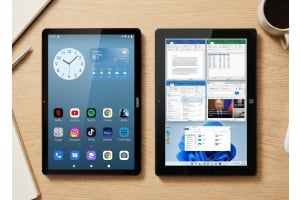 Windows 11 tablet vs Android tablet comparison showing productivity apps and entertainment apps side by side