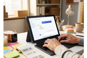 Fusion5 Helios10 10.1-inch Windows tablet with docking keyboard showing Microsoft Copilot for small business tasks