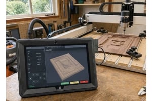 Fusion5 rugged Windows tablet beside a desktop CNC router in a compact home workshop