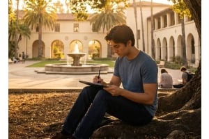 College student using a Fusion5 Helios12 Windows tablet with stylus for note-taking and research on a university campus