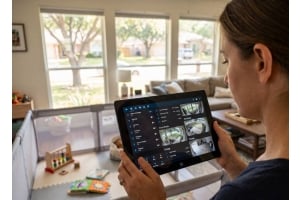 Woman holding a Fusion5 PRO N5 Windows tablet displaying a Home Assistant home security dashboard in a family living room