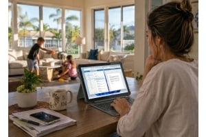 Mother using a Fusion5 Windows tablet with keyboard for remote work at home while children play in the background.