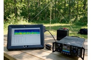 Fusion5 rugged Windows tablet running WSJT-X beside a Xiegu G90 and DigiRig Mobile in a portable POTA FT8 station