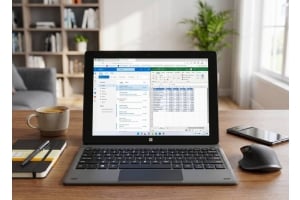 Fusion5 Pro N5 Windows 11 tablet with keyboard dock displaying Outlook email and Excel spreadsheet for business productivity, multitasking, and everyday work tasks