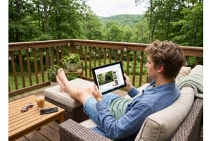 Fusion5 PRO N5 Windows tablet used for summer streaming on a patio deck with a scenic wooded view