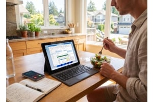 Remote worker using a Fusion5 Windows tablet at a kitchen table while starting a small business from home