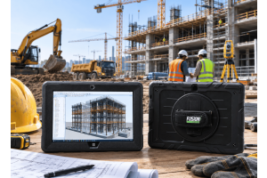 Rugged Windows tablet displaying a BIM construction model on an active building site with heavy machinery, cranes, engineers, and construction equipment, illustrating machine control and BIM workflows for construction projects.