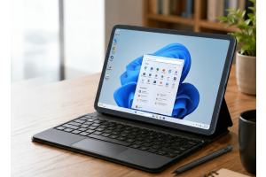 Tablet PC Guide 2026 showing a Windows tablet with keyboard and stylus, highlighting the best tablet PC models, specs, and prices.