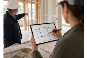 Architect reviews and marks up a floor plan on a Windows tablet while a colleague points inside a building under construction.