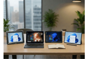 Comparison of Windows tablets and a detachable 2-in-1 laptop on a desk for the 2026 Windows tablet buying guide.