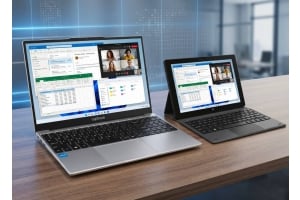Fusion5 Lapbook S15 N6 laptop and Fusion5 Pro N5 Windows tablet side by side displaying business productivity apps including email, spreadsheets, file management, and video conferencing for laptop vs tablet comparison