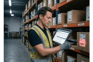 A warehouse employee uses a Fusion 5 Windows tablet for warehouse management to scan inventory, update stock records, and improve operational efficiency. Windows-based warehouse tablets help streamline inventory control, order fulfillment, barcode scannin