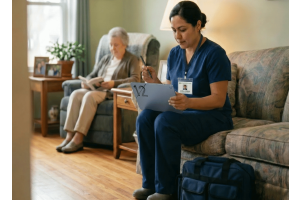 A home health aide uses a Fusion5 Windows tablet to document patient information during an in-home visit. The device supports home health aide charting software such as Kinnser and MatrixCare, helping reduce administrative workload and improve efficiency.
