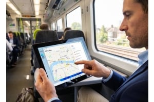 Business professional using a Windows tablet with offline maps on a train, demonstrating offline navigation and productivity without Wi-Fi
