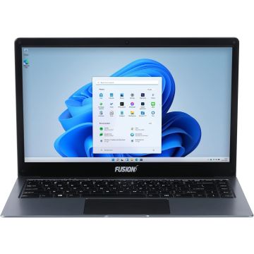 Front view of Fusion5 A90 laptop powered on, running Windows 11 with default app screen visible