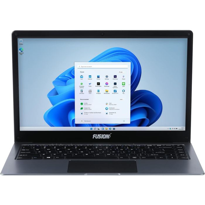 Front view of Fusion5 A90 laptop powered on, running Windows 11 with default app screen visible