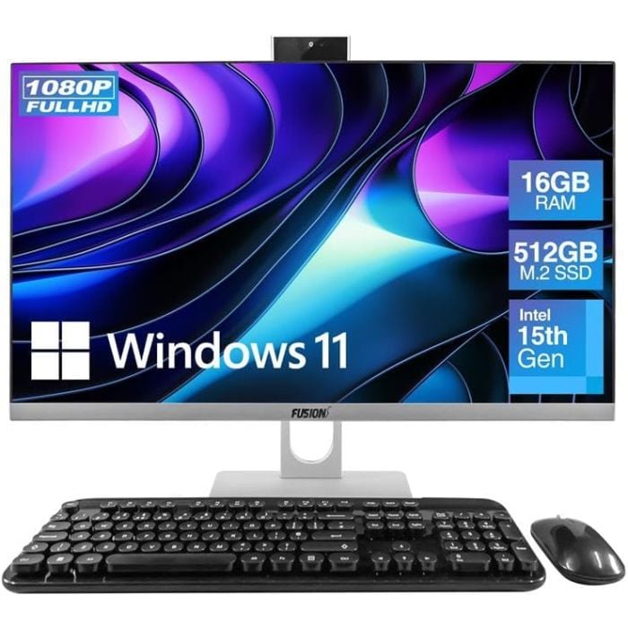 Fusion5 A7 N6 all-in-one desktop PC with 23.8-inch Full HD display, wireless keyboard, and mouse
