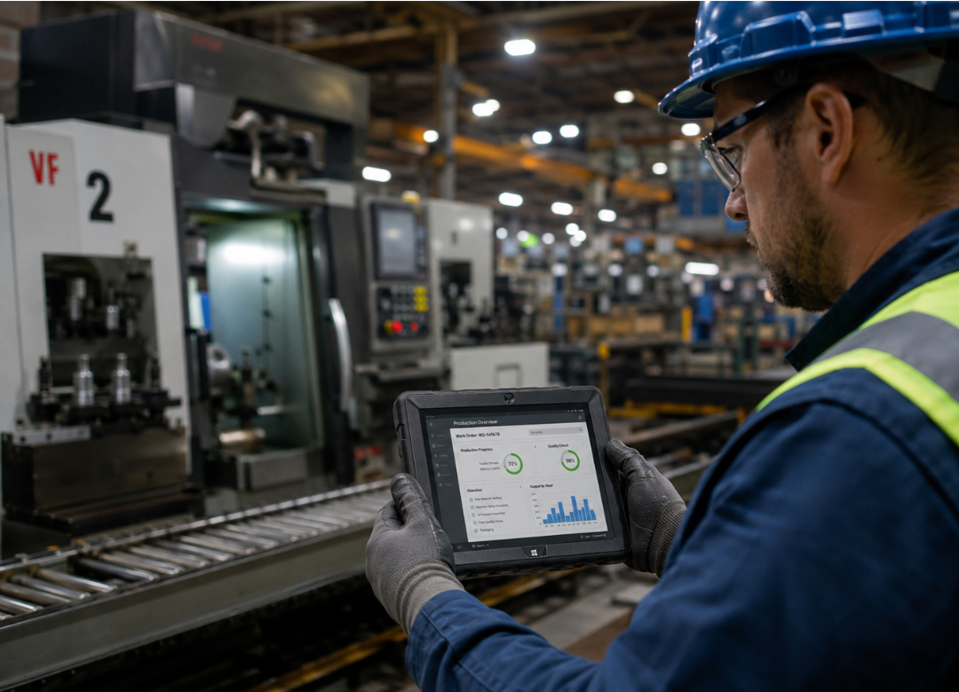 Paperless manufacturing tablet used on a production line to track machine performance and reduce manual data errors