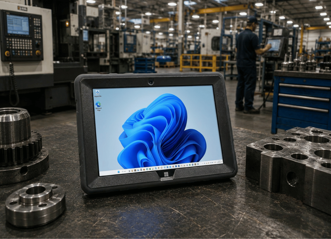 Fusion5 rugged Windows tablet on a factory workbench in an industrial manufacturing facility, designed for field work, warehouse operations, and industrial professionals.