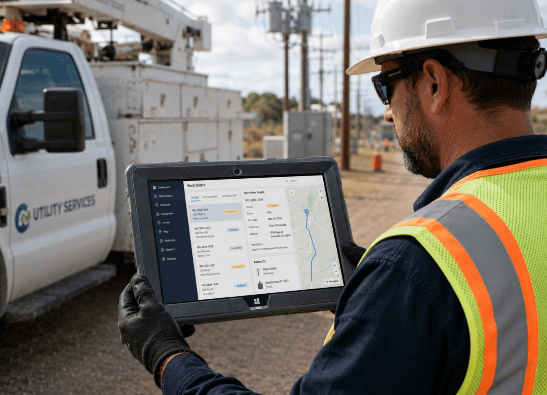 Utility field technician using a rugged Windows tablet to manage work orders beside a service truck, demonstrating reliable field operations and GIS mapping.