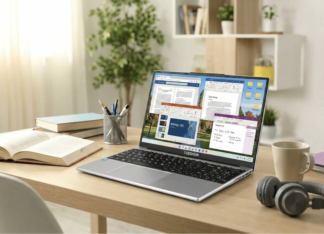 A modern Windows 11 laptop displayed on a student’s study desk with multiple productivity apps open on the screen, surrounded by books, stationery, headphones, and a coffee mug, illustrating an affordable laptop ideal for studying, note-taking.