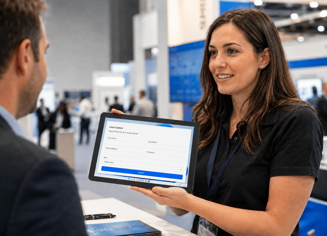 Fusion5 tablet for trade show lead capture helps staff collect visitor details on a Windows device at an exhibition booth.