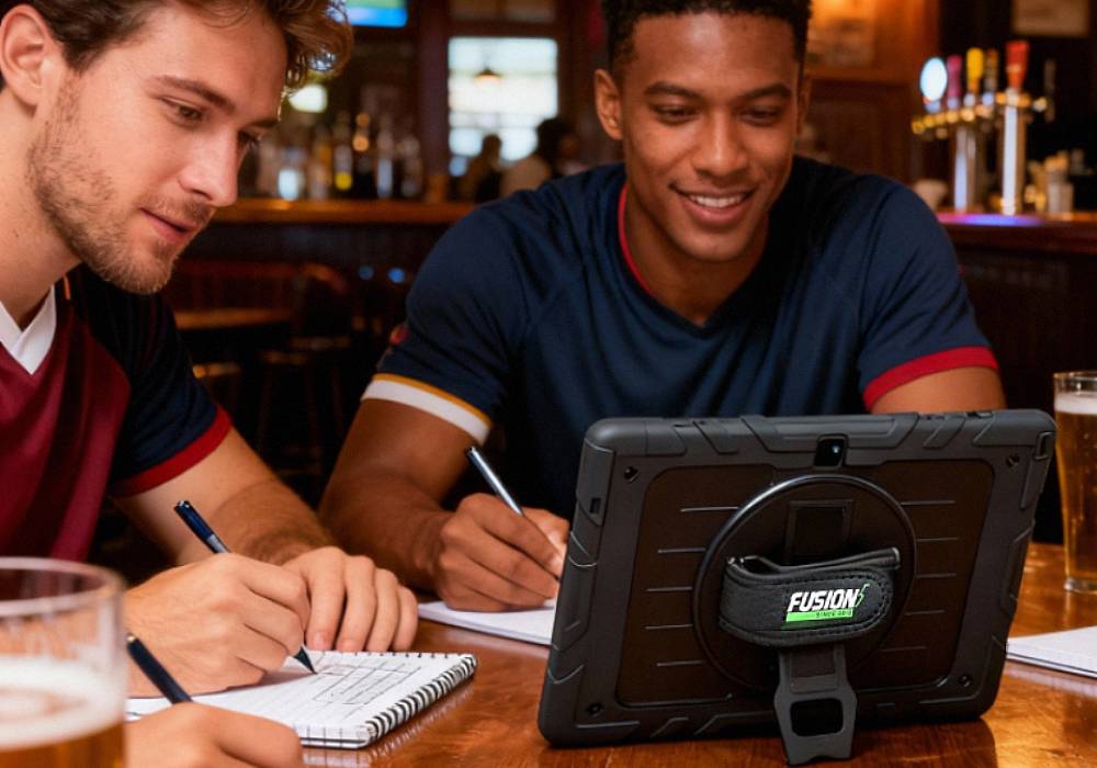 Two sports fans sitting at a bar during fantasy football draft night, writing notes in notebooks while using a rugged Fusion5 Windows 11 tablet placed on the table, back of the tablet with Fusion5 logo clearly visible.