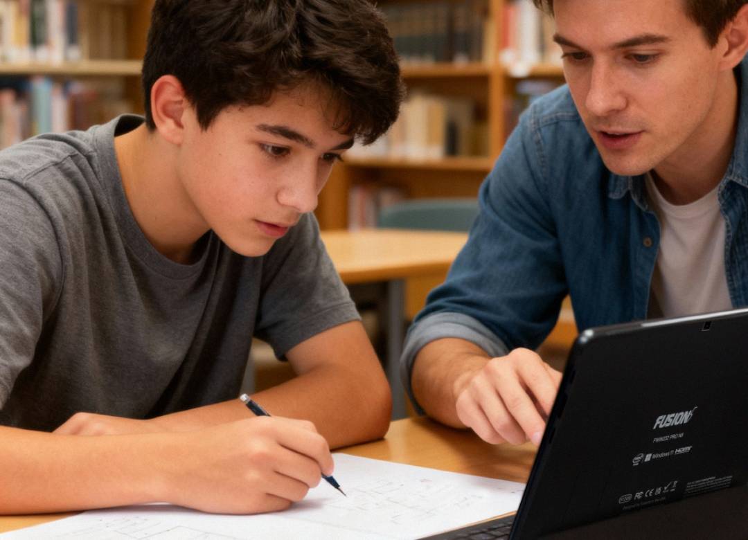 A tutor and student working together at a library table with a Fusion5 Windows tablet open in front of them. The student is writing notes while the tutor explains the lesson using the tablet as a guide.