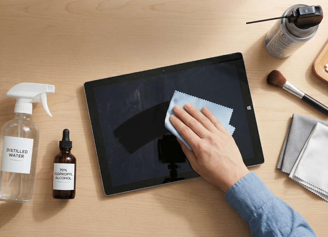 Hand cleaning a tablet screen with a microfiber cloth using isopropyl alcohol and distilled water for safe, streak-free tablet maintenance.
