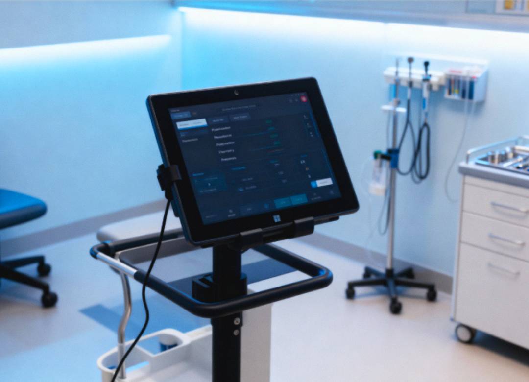 Fusion5 Windows tablet mounted on a mobile medical cart in a hospital exam room, displaying patient data on the screen with medical equipment in the background