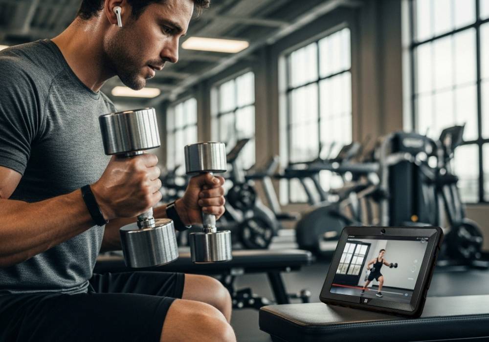 Man in a gym lifting dumbbells while following a strength training video on a Fusion5 rugged tablet placed on a bench.