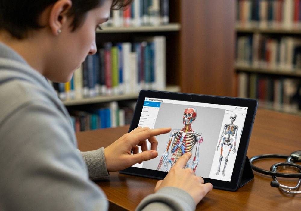 Medical student using a Fusion5 Windows tablet to study a 3D human skeleton model in an anatomy app inside a library