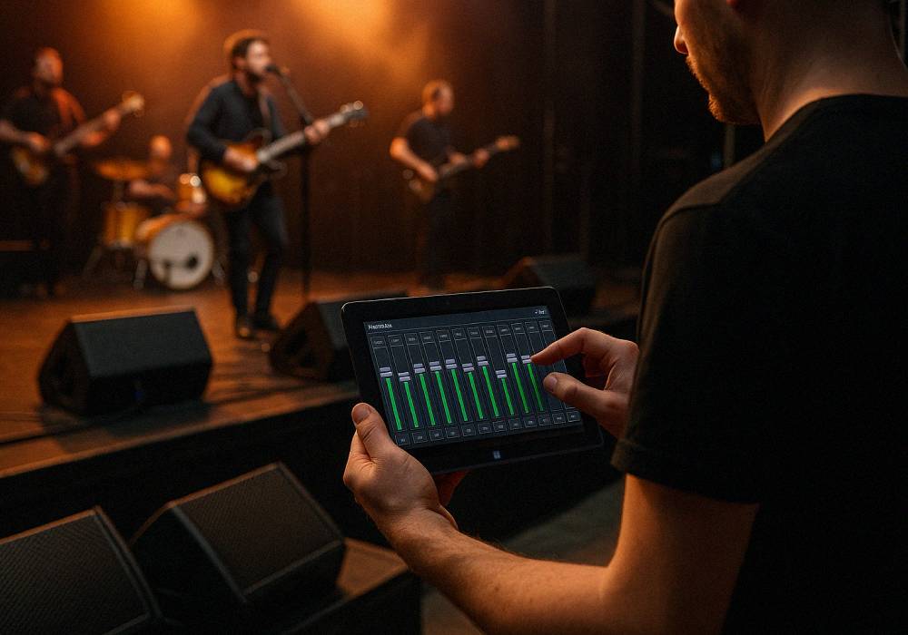 Sound engineer using a Fusion5 Windows tablet to control live audio mixer settings during a band performance on stage