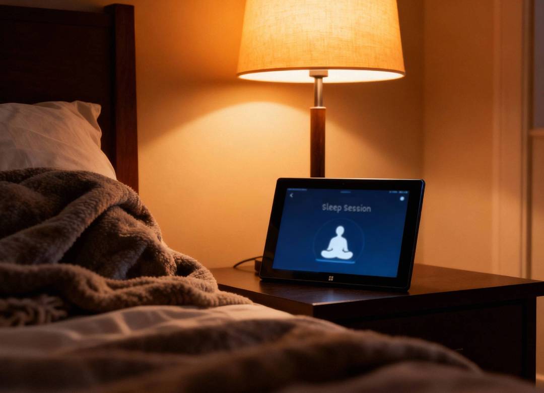 Windows tablet on a bedside table displaying a sleep session meditation app, in a cozy dimly lit bedroom setup with a blanket and lamp