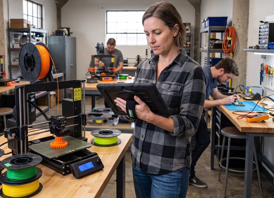 Maker using a rugged Windows tablet with a 3D printer in a workshop for 3D printing, slicing and printer monitoring