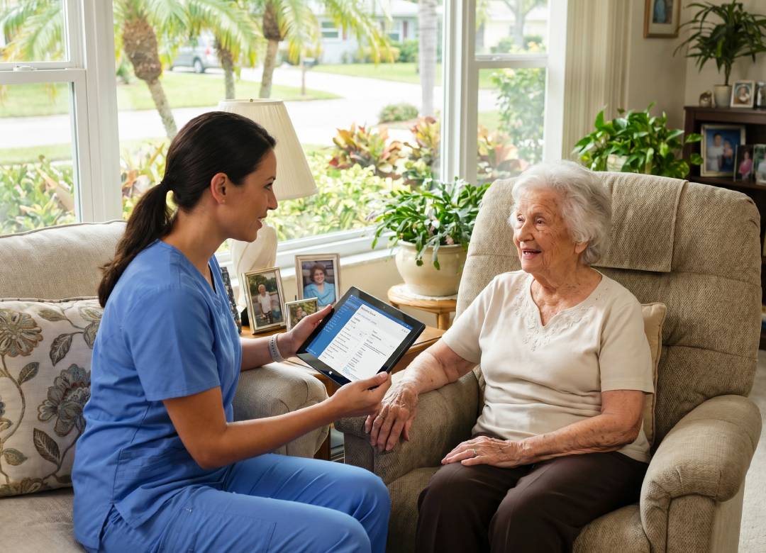 Home healthcare nurse using a Windows tablet to update patient records while providing care to an elderly patient at home
