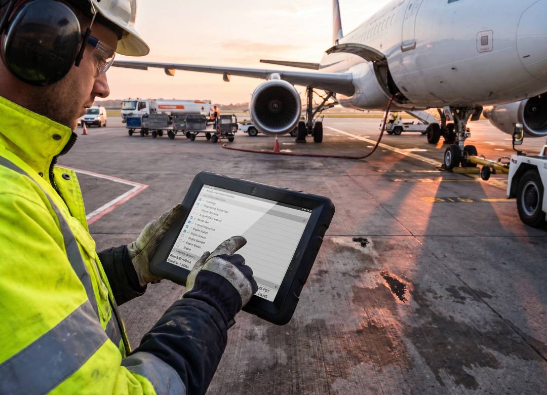 Fusion5 rugged tablet for airport ground operations used for aircraft inspection and fleet checklist at sunset